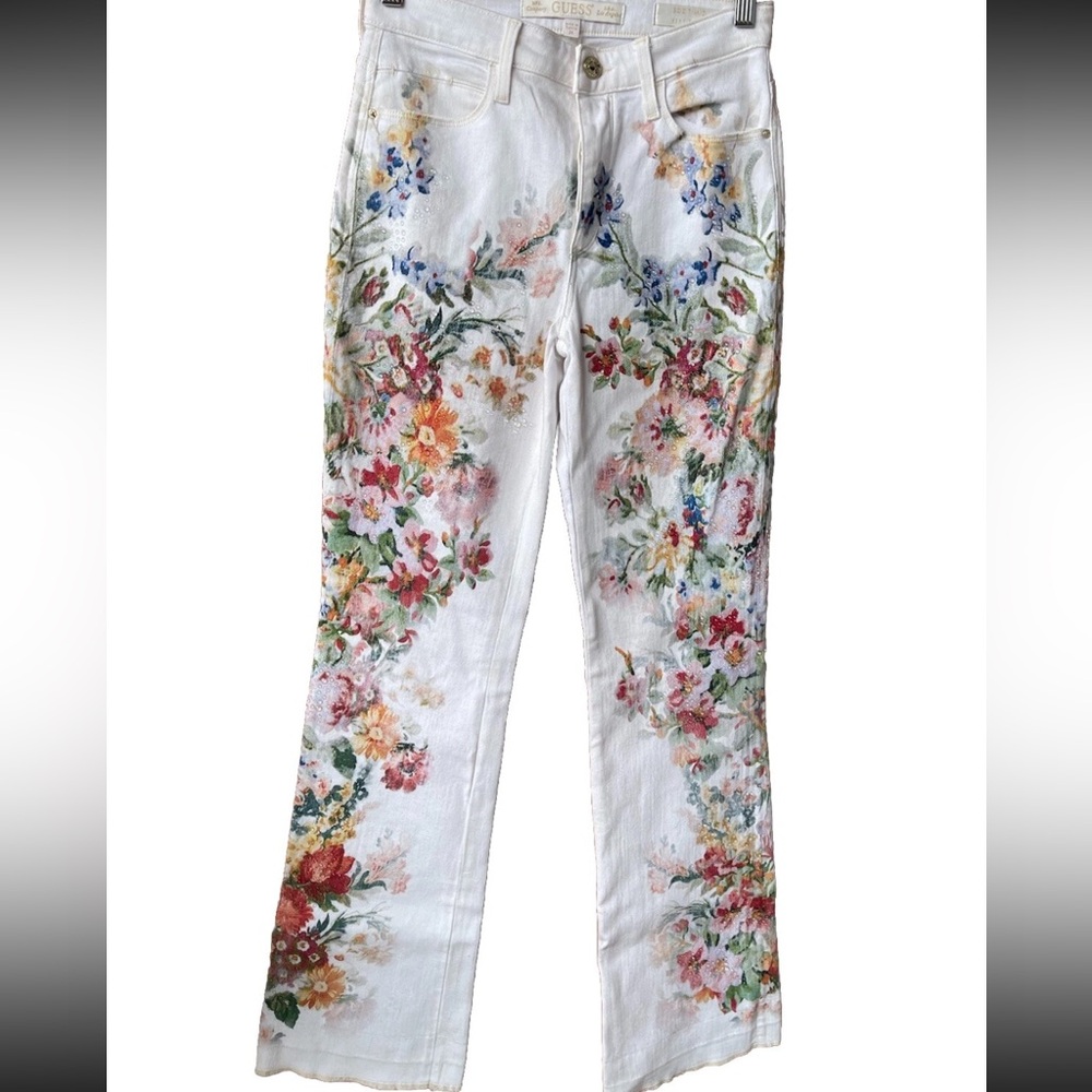 Guess White Floral Denim Jeans
